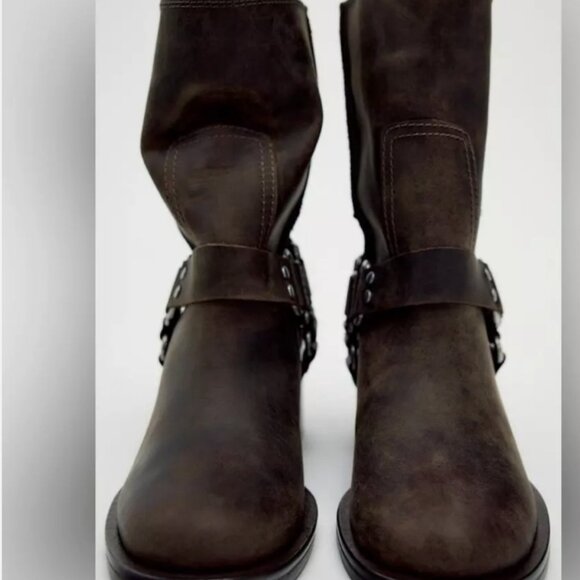 ZARA New Wide Heeled Buckle Biker Boots Leather Suede 7.5 - Picture 7 of 9